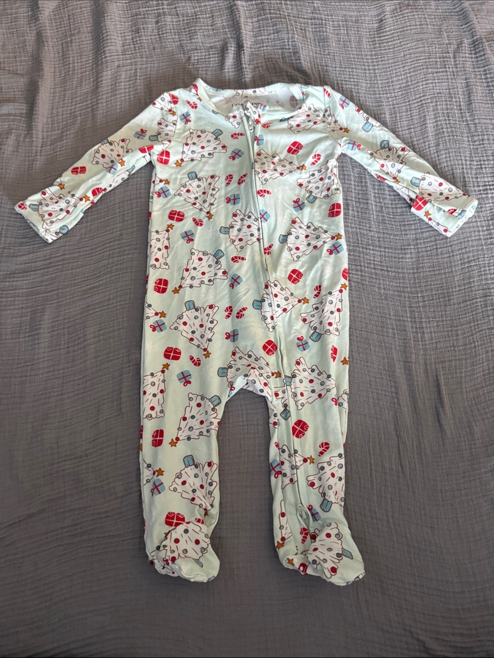 Caden Lane Light Mint Holiday Tree Print Footed One-Piece